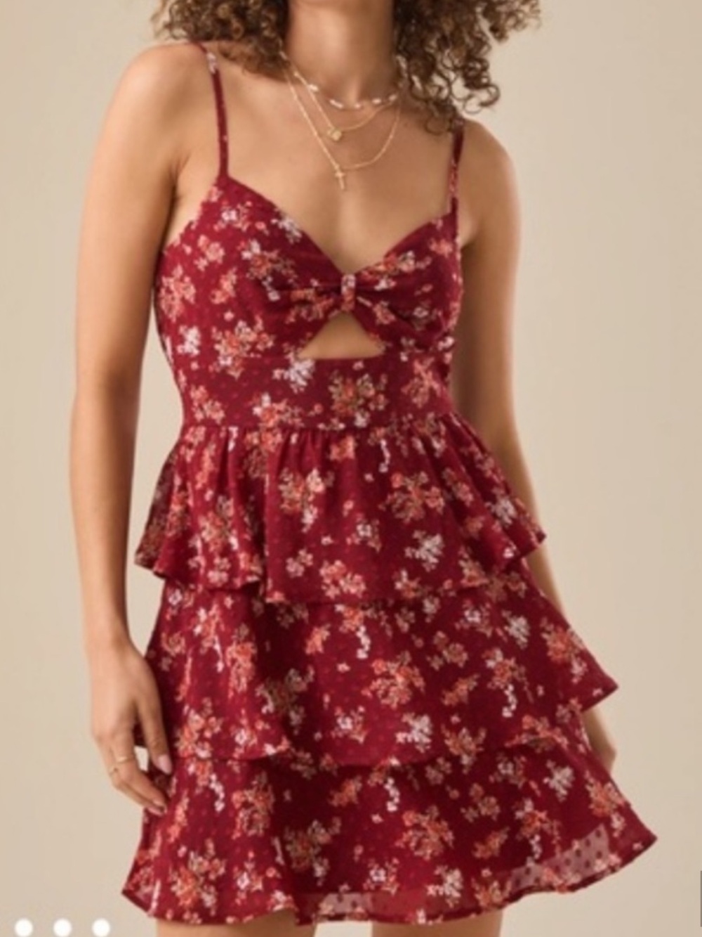 Altar'd State Wine Floral Tie-Front Ruffle Mini Dress